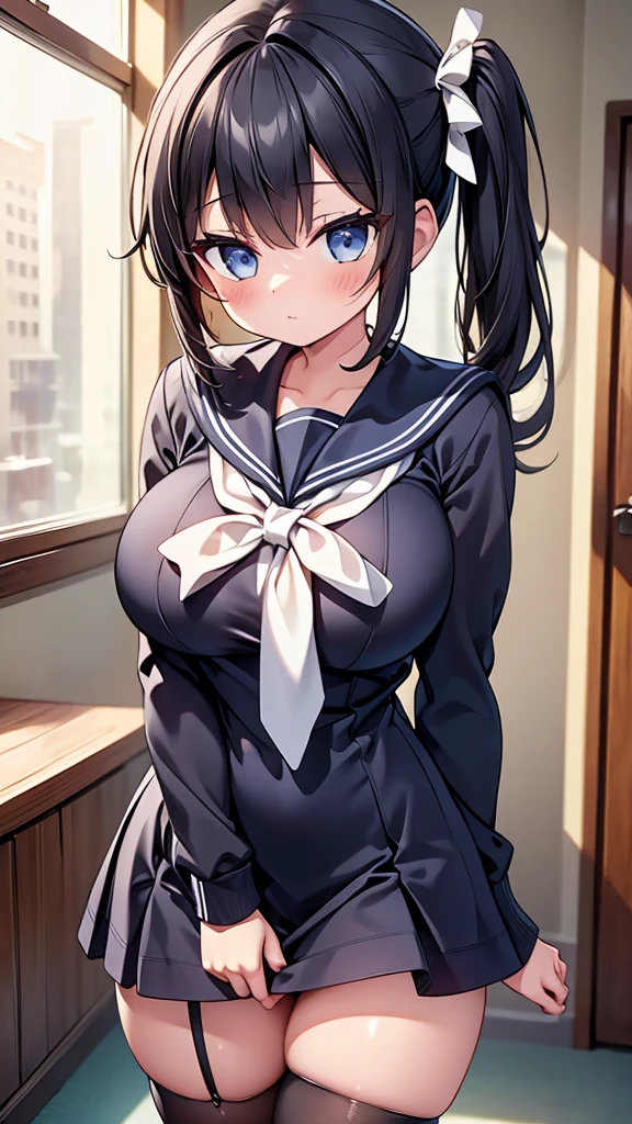 highest quality,wonderful,finely,extremely detailed CG Unity 8K wallpaper, (1 girl, black hair, side ponytail),(huge breasts:1.1),(sailor dress:1.3), (black stockings:1.1),(Thighs:1.1),(constriction:1.1)