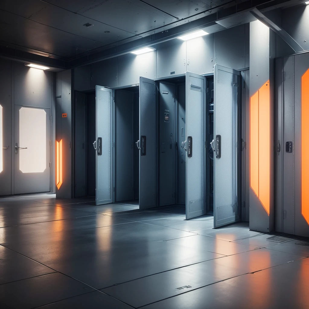 the call of duty armory is a dark room with white lights and not windows, there are weapon cases, military boxes in blue color, military boxes in orange color, no people,