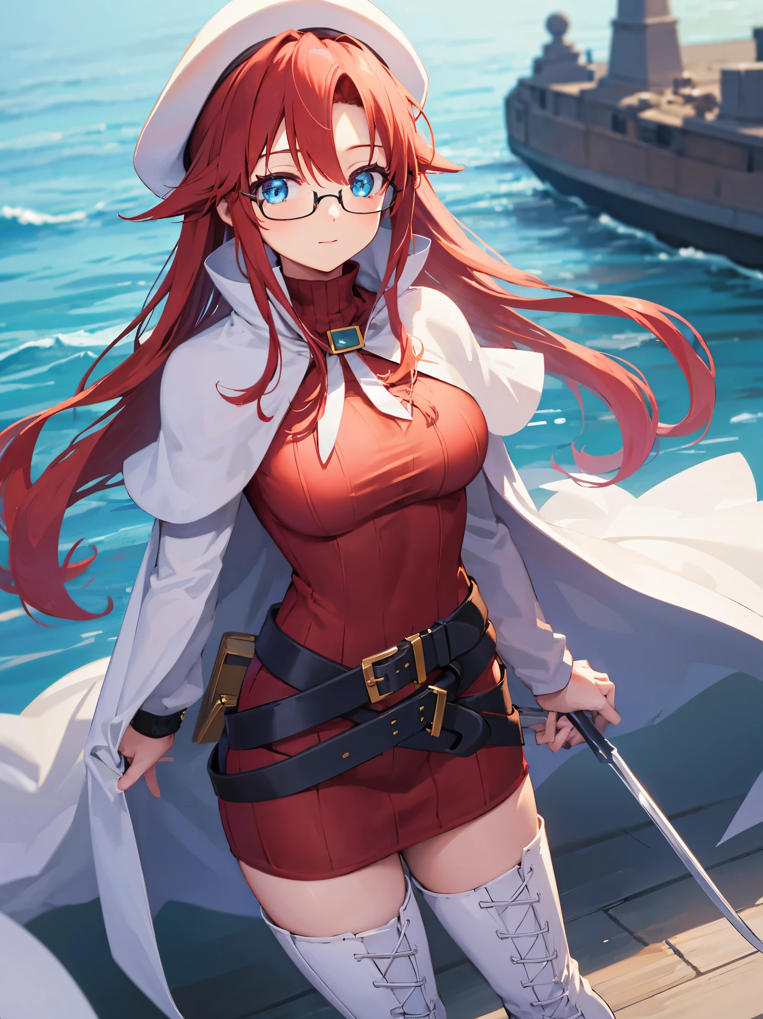 summonnightaty, aty, long hair, blue eyes, red hair, beret, hat, glasses,
BREAK long hair, thighhighs, hat, dress, boots, glasses, belt, cape, sweater, zettai ryouiki, beret, thigh boots, white footwear, ribbed sweater, loose belt,solo,
BREAK outdoors, fantasy,on_a_ship,
BREAK (masterpiece:1.2), best quality, high resolution, unity 8k wallpaper, (illustration:0.8), (beautiful detailed eyes:1.6), extremely detailed face, perfect lighting, extremely detailed CG, (perfect hands, perfect anatomy),covered_nipples,covered_navel,light_smile ,(half_eyes:1.4),sword,armpit,sleepy,dynamic_standing,barrel,red_sweater,apart_legs,magical_effect,pulmp,big_tits,