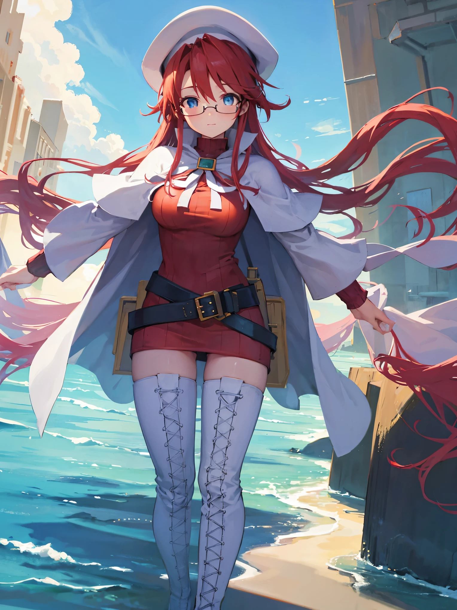 summonnightaty, aty, long hair, blue eyes, red hair, beret, hat, glasses,
BREAK long hair, thighhighs, hat, dress, boots, glasses, belt, cape, sweater, zettai ryouiki, beret, thigh boots, white footwear, ribbed sweater, loose belt,solo,
BREAK outdoors, fantasy,on_a_ship,
BREAK (masterpiece:1.2), best quality, high resolution, unity 8k wallpaper, (illustration:0.8), (beautiful detailed eyes:1.6), extremely detailed face, perfect lighting, extremely detailed CG, (perfect hands, perfect anatomy),covered_nipples,covered_navel,light_smile ,(half_eyes:1.4),sword,armpit,sleepy,dynamic_standing,barrel,red_sweater,apart_legs,magical_effect,pulmp,big_tits,