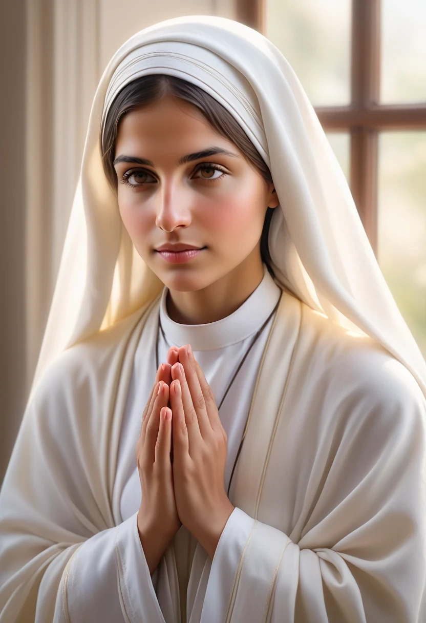 (best quality,4k,8k,highres,masterpiece:1.2),ultra-detailed,(realistic,photorealistic,photo-realistic:1.37),Blessed Teresa of Calcutta,monastic,nun,black robe,white veil,calm expression,kneeling in prayer,hands clasped together in devotion,humble surroundings,peaceful aura,simple yet meaningful gestures,pure soul,gentle smile with kind eyes,divine light illuminating her face,subtle glow surrounding her,soft pastel colors,tranquil atmosphere,sunlight filtering through the windows,sacred atmosphere,sublime spiritual presence,inner radiance,pensive mood,serene and compassionate presence,divine grace,powerful sense of faith and devotion,saintly figure,inspiring example of love and selflessness,symbol of hope and compassion,devout servant of God,her spiritual purity emanating from within,legacy of devoted service,inspired by her extraordinary life and work,legacy of love and kindness,living embodiment of compassion and mercy,inspiration for millions around the world.