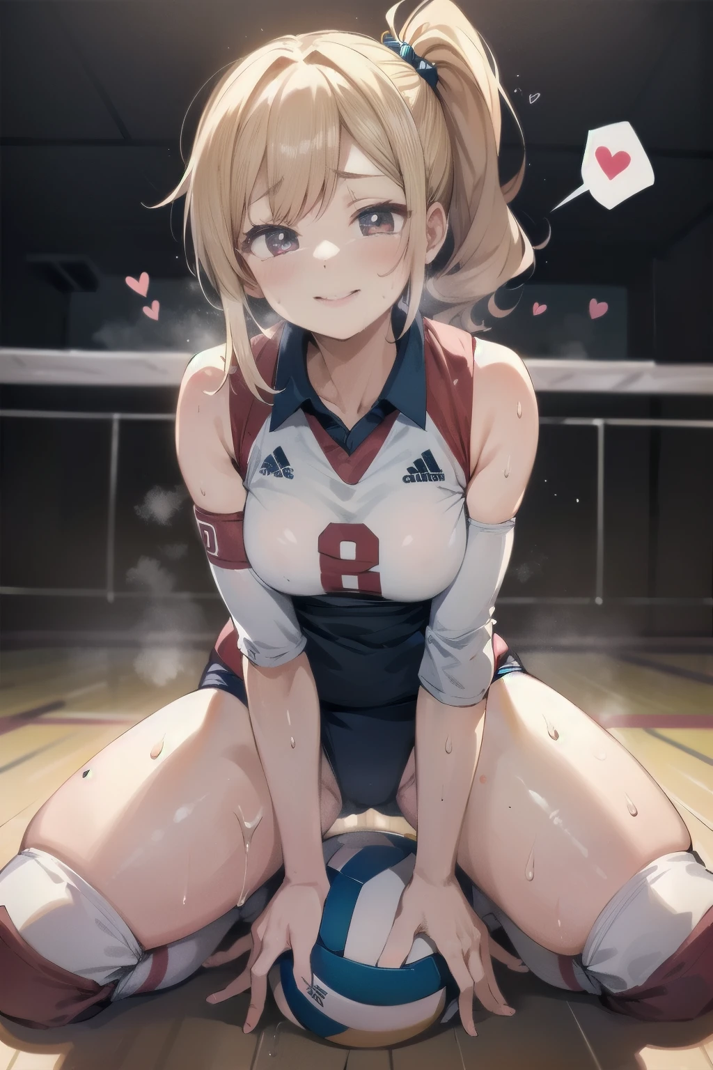 unity 8k wallpaper, anatomically correct, (((masterpiece))), (((best quality))), (((ultra detailed))), (((high-resolution))), ((Ultimate cutie)), perfect hands, perfect finger, (((good anatomy))), detailed beautiful face, shiny hair, (((gyaru))), (potbelly), (curvy), medium breasts, ((Thick thighs)), (((solo))), ((seductive smile)), (((blush))), (Eyes are heart marks), (heart shaped pupils), ((trembling)),
BREAK, (((sit astride the perfectly spherical shape 6-inch volleyball))), (((Straddling a perfectly spherical 6" volleyball))), (((Perfectly spherical 6" volleyball fits perfectly crotch))), BREAK, (((Rub the Perfectly spherical 6" volleyball against crotch))), (masturbation),
BREAK, adidas, (Collared volleyball uniforms), sleeveless, ((buruma)), ((kneepad)), ((pussy juice stained)), (elbow pad), (((sweat))), (((covered in sweat))), ((deep breathing)), in Volleyball Court, indoor, lighting, looking at viewer, full body, (spoken heart)
