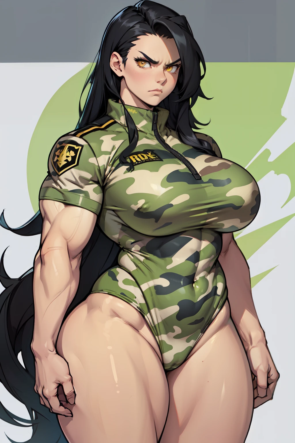 solo, 1 girl, (very long hair), black hair, angry, yellow eyes pale skin (wide hips thick thighs curvy muscular toned body bodybuilder huge tits) (camo uniform)