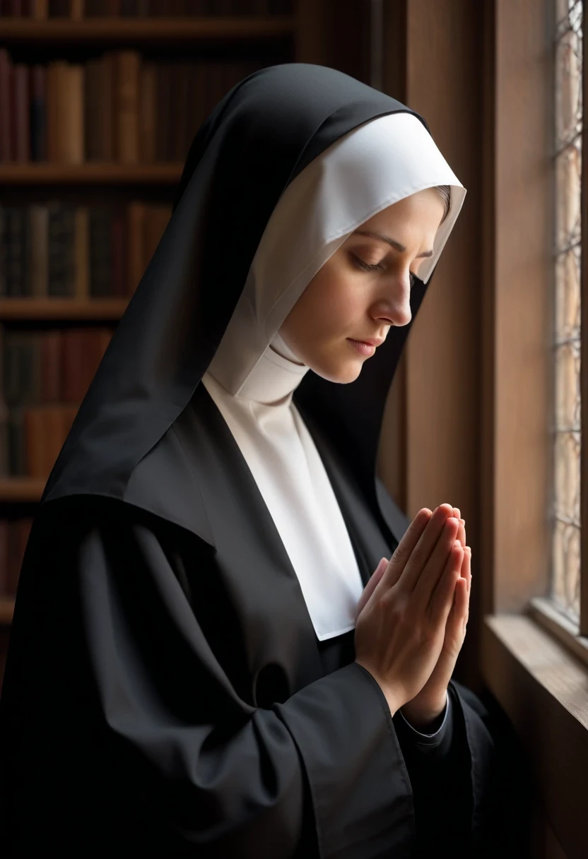 (best quality,4k,8k,highres,masterpiece:1.2),ultra-detailed,(realistic,photorealistic,photo-realistic:1.37),nun,religious For the prompt about Blessed Teresa of Calcutta, the following is a detailed high-quality prompt: "A nun in a black robe standing in a humble room (best quality,4k,8k,highres,masterpiece:1.2). The room is dimly lit with a soft glow coming from a small, window. The nun is wearing a white veil and her hands are folded in prayer. She has wrinkles on her kind face (ultra-detailed) and her eyes reflect wisdom and compassion (realistic,photorealistic,photo-realistic:1.37). The texture of the black robe is rich and detailed, showing the fine stitching and folds. In the background, there are shelves filled with books and a wooden crucifix hanging on the wall. The colors are warm and subdued, creating a serene and peaceful atmosphere. The overall lighting is gentle and natural, emphasizing the serene and humble nature of the scene (studio lighting)." Please note that the prompt should be written as a single, uninterrupted text without any additional explanations or punctuation marks.
