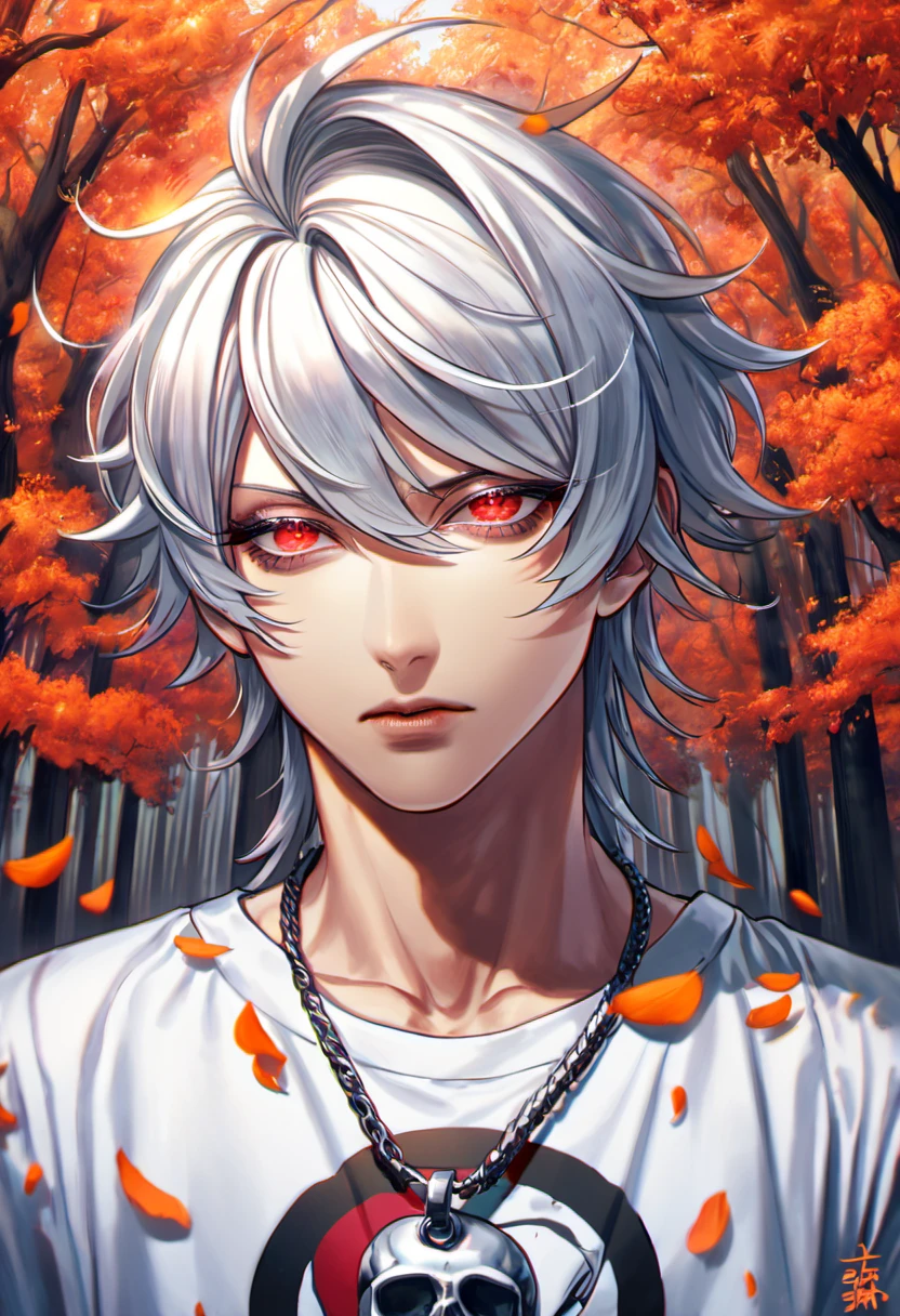 absurdres, highres, ultra detailed, HDR, master piece, best quality, Samatoki Aohitsugi, white messy hair, expressive red eyes, long eyelashes, 1man, handsome, Hypnosis Mic, white dreess shirt with signature skull prints on the chest, triangle-shaped necklace, black-and-white bracelet, 1man, handsome, orange leaves, autumn, trees, petals  