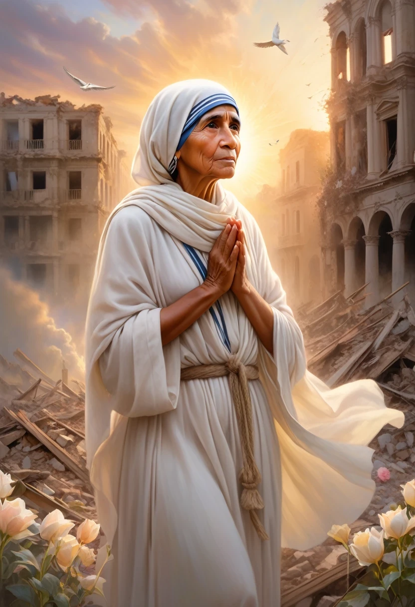 Blessed Teresa of Calcutta standing on the ruins of war The description of the scene: Beautiful detailed eyes, beautiful detailed lips, extremely detailed eyes and face, long eyelashes, blessed Teresa of Calcutta stands gracefully on the ruins of a war-torn city. The setting sun casts a warm golden light on her serene face, accentuating her compassionate expression. Her flowing white robes gently sway in the breeze, symbolizing purity and divinity. The city's destruction can be seen in the crumbling buildings, scattered debris, and damaged streets. Despite the devastation, there are signs of hope and rebirth as flowers bloom amidst the ruins, representing resilience and the power of love and kindness. The air is filled with a sense of peace and tranquility as birds soar high above, symbolizing and hope. The color palette is dominated by soft pastel tones, conveying a gentle and soothing atmosphere. The lighting is ethereal, with a soft glow enveloping the scene, creating a dreamlike and otherworldly ambiance. This masterpiece of art captures the spirit of Blessed Teresa of Calcutta, her unwavering dedication, and unwavering love for humanity, even in the face of adversity. Tags: ultra-detailed, realistic, highres, best quality, compassionate expression, serene face, flowing white robes, war-torn city, ruins, destruction, resilience, love, hope, flowers, birds, pastel tones, ethereal lighting.