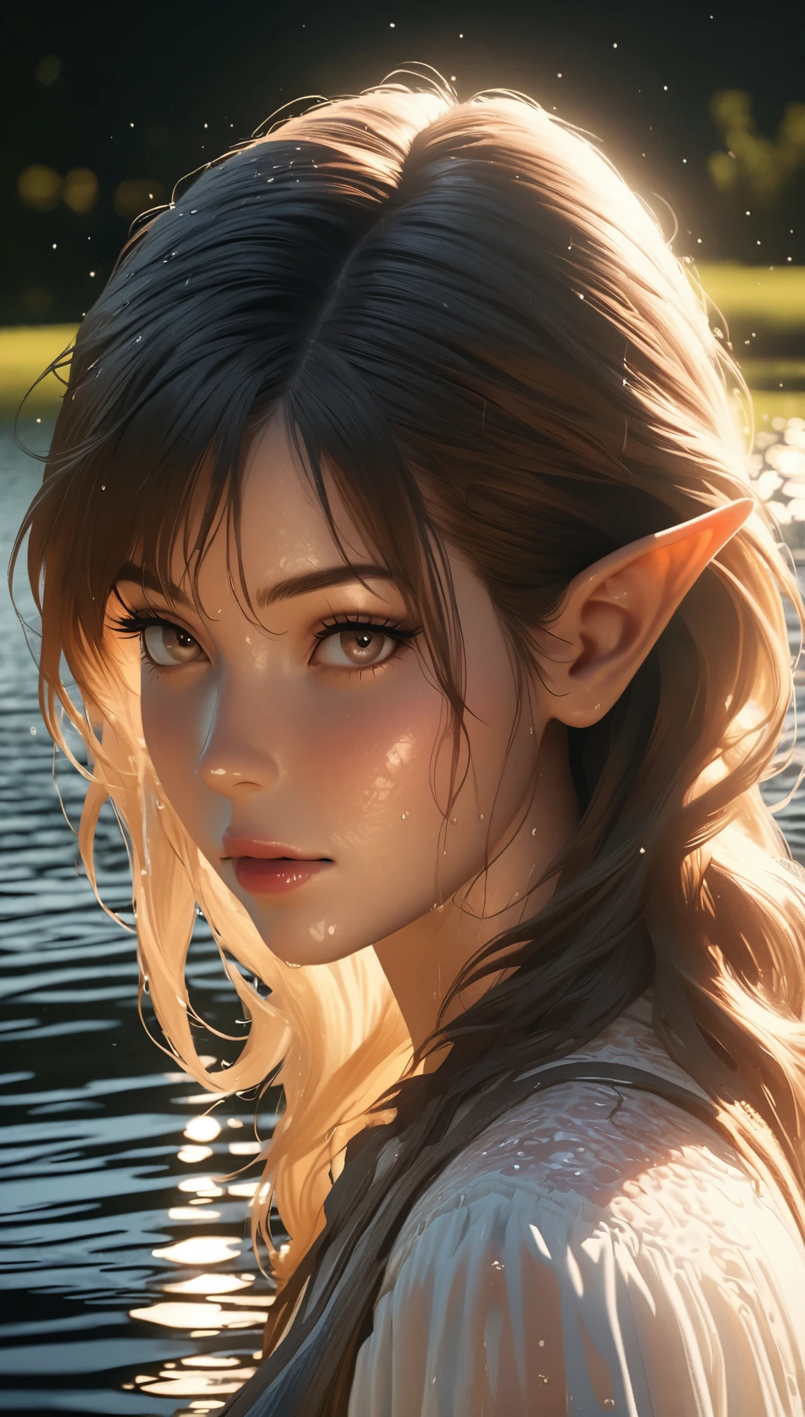 beautiful elf,Beautiful,moonlight,lake water,wet,transparent,Real light and shadow contrast,Realistic ray tracing,True light falloff,anti-aesthetic style,Poodlepunk,Snapshot aesthetic style