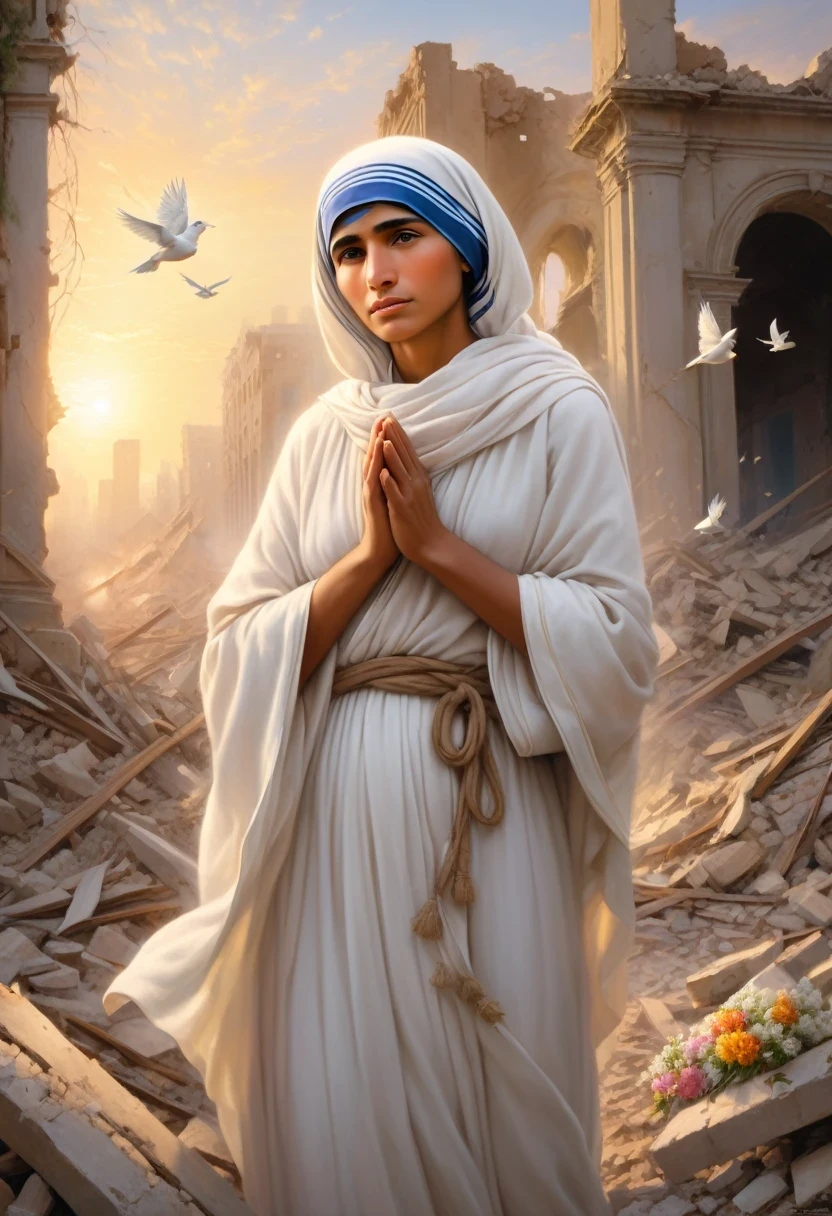 Blessed Teresa of Calcutta standing on the ruins of war The description of the scene: Beautiful detailed eyes, beautiful detailed lips, extremely detailed eyes and face, long eyelashes, blessed Teresa of Calcutta stands gracefully on the ruins of a war-torn city. The setting sun casts a warm golden light on her serene face, accentuating her compassionate expression. Her flowing white robes gently sway in the breeze, symbolizing purity and divinity. The city's destruction can be seen in the crumbling buildings, scattered debris, and damaged streets. Despite the devastation, there are signs of hope and rebirth as flowers bloom amidst the ruins, representing resilience and the power of love and kindness. The air is filled with a sense of peace and tranquility as birds soar high above, symbolizing and hope. The color palette is dominated by soft pastel tones, conveying a gentle and soothing atmosphere. The lighting is ethereal, with a soft glow enveloping the scene, creating a dreamlike and otherworldly ambiance. This masterpiece of art captures the spirit of Blessed Teresa of Calcutta, her unwavering dedication, and unwavering love for humanity, even in the face of adversity. Tags: ultra-detailed, realistic, highres, best quality, compassionate expression, serene face, flowing white robes, war-torn city, ruins, destruction, resilience, love, hope, flowers, birds, pastel tones, ethereal lighting.