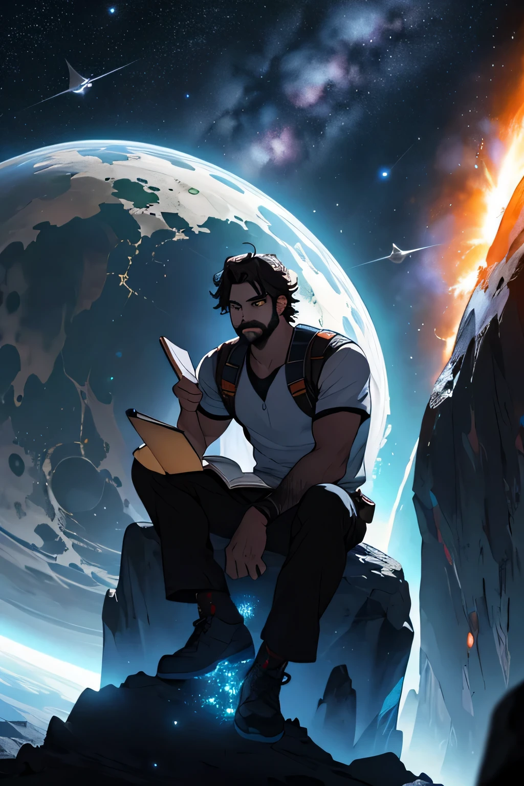 Desenhe um jovem programador, sitting on a research platform floating in the middle of an asteroid belt. He is studying with a notebook, surrounded by several asteroids glowing with fiery auras. Dramatic lighting from distant stars and planets illuminates the scene, casting deep shadows on the costume. O jovem parece confiante e determinado, looking at the vast and mysterious universe with awe and respect,Facial hair, tiro de vaqueiro,