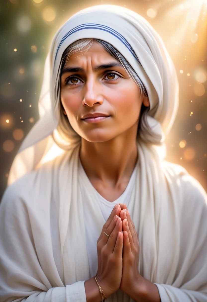 (blessed teresa of calcutta), portraiture, detailed and realistic portrait, vibrant colors, beautiful detailed eyes and face, serene expression, warm lighting, soft brushstrokes, spiritual aura, graceful pose, saintly atmosphere. (best quality,4k,highres), [abstract background], [blurred foreground], [mystical atmosphere], [holy light], [subtle texture], [subtle bokeh], [subtle shadows].