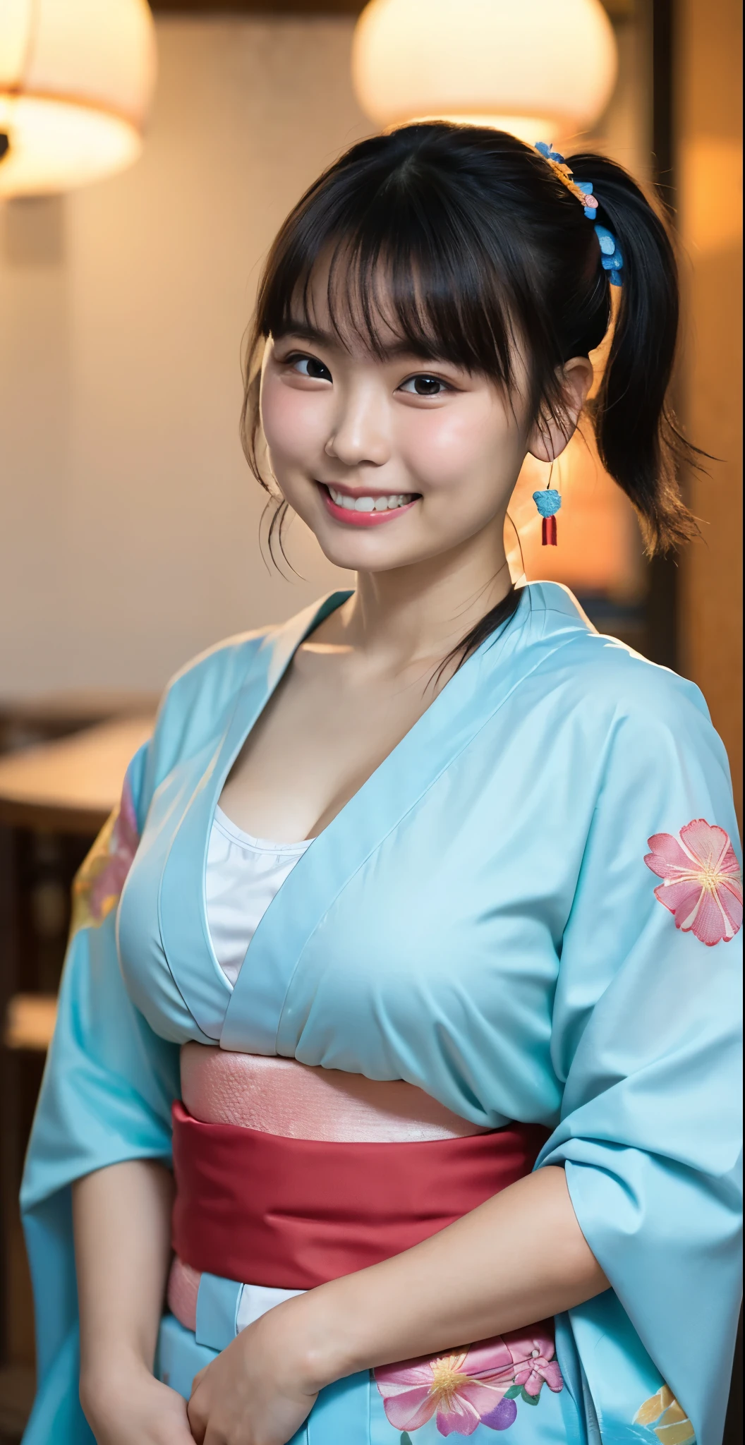 （8k、Raw photography、highest quality、masterpiece：1.2),(black haired、very short hair:1.8),(short twin tails:1.4)、show viewer,Looking at the front,erotic,white skin,(Wearing a kimono with a colorful floral pattern:1.7)、()、(Clothing that emphasizes the shape of your chest、publish one&#39;Skin:1.8)、(big breasts :1.4)、slim body shape、ultra high resolution,beautiful,beautiful fece,(alone, no background:1.9),whole bodyボディー,japanese woman,（Photoreal：1.37）、photon mapping,reality、(-face cute: 1.2)、(cute smile: 1.7)、(With a round face: 1.8)、radio city、Physically based rendering、depth of field rally background、photograph, (I can see your knees,close up of thighs:1.4),whole body、super fine