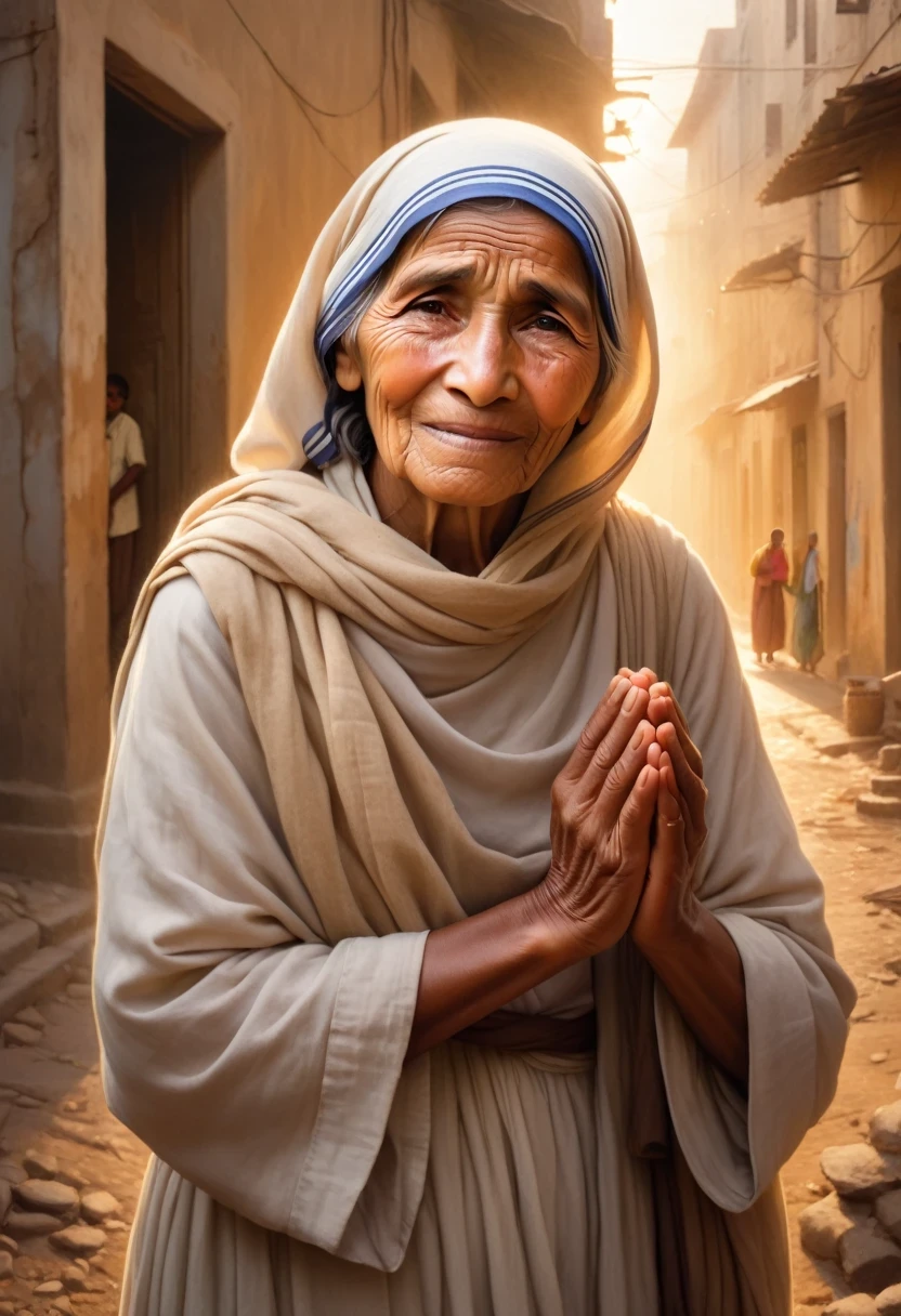 "(best quality, highres, masterpiece:1.2), portraits, Blessed Teresa of Calcutta surrounded by impoverished individuals, compassionate gaze, wrinkled hands, humble attire, warm smile, soft lighting, vibrant colors, hope, selflessness, giving love, worn-out buildings in the background, dusty streets, dusty sunbeams, uplifting atmosphere, gritty realism, emotional connection, poverty, resilience, humanity, kindness, divine intervention, candlelit room, peaceful ambiance, flickering shadows, heavenly aura, utopian vision, sense of purpose, spiritual enlightenment, sacred purpose, transcendent beauty, touching moments, soulful expressions, captured grace"