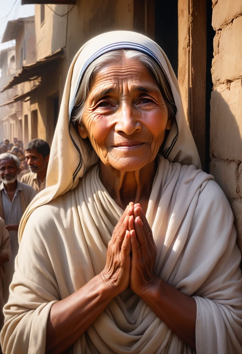 "(best quality, highres, masterpiece:1.2), portraits, Blessed Teresa of Calcutta surrounded by impoverished individuals, compassionate gaze, wrinkled hands, humble attire, warm smile, soft lighting, vibrant colors, hope, selflessness, giving love, worn-out buildings in the background, dusty streets, dusty sunbeams, uplifting atmosphere, gritty realism, emotional connection, poverty, resilience, humanity, kindness, divine intervention, candlelit room, peaceful ambiance, flickering shadows, heavenly aura, utopian vision, sense of purpose, spiritual enlightenment, sacred purpose, transcendent beauty, touching moments, soulful expressions, captured grace"