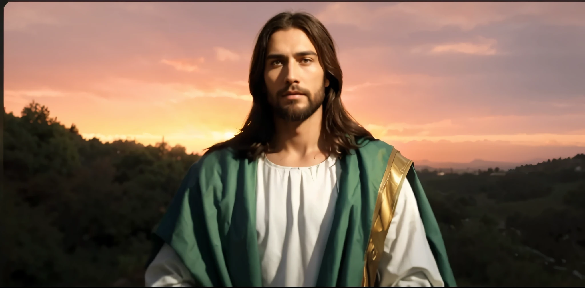 jesus is standing in front of a sunset with his arms crossed, jesus christ, jesus, portrait of jesus christ, young almighty god, jesus face, jesus of nazareth, the lord and savior, he is greeting you warmly, gigachad jesus, god looking at me, jesus christ in mass effect, dressed like jesus christ, christ the redeemer, greg olsen