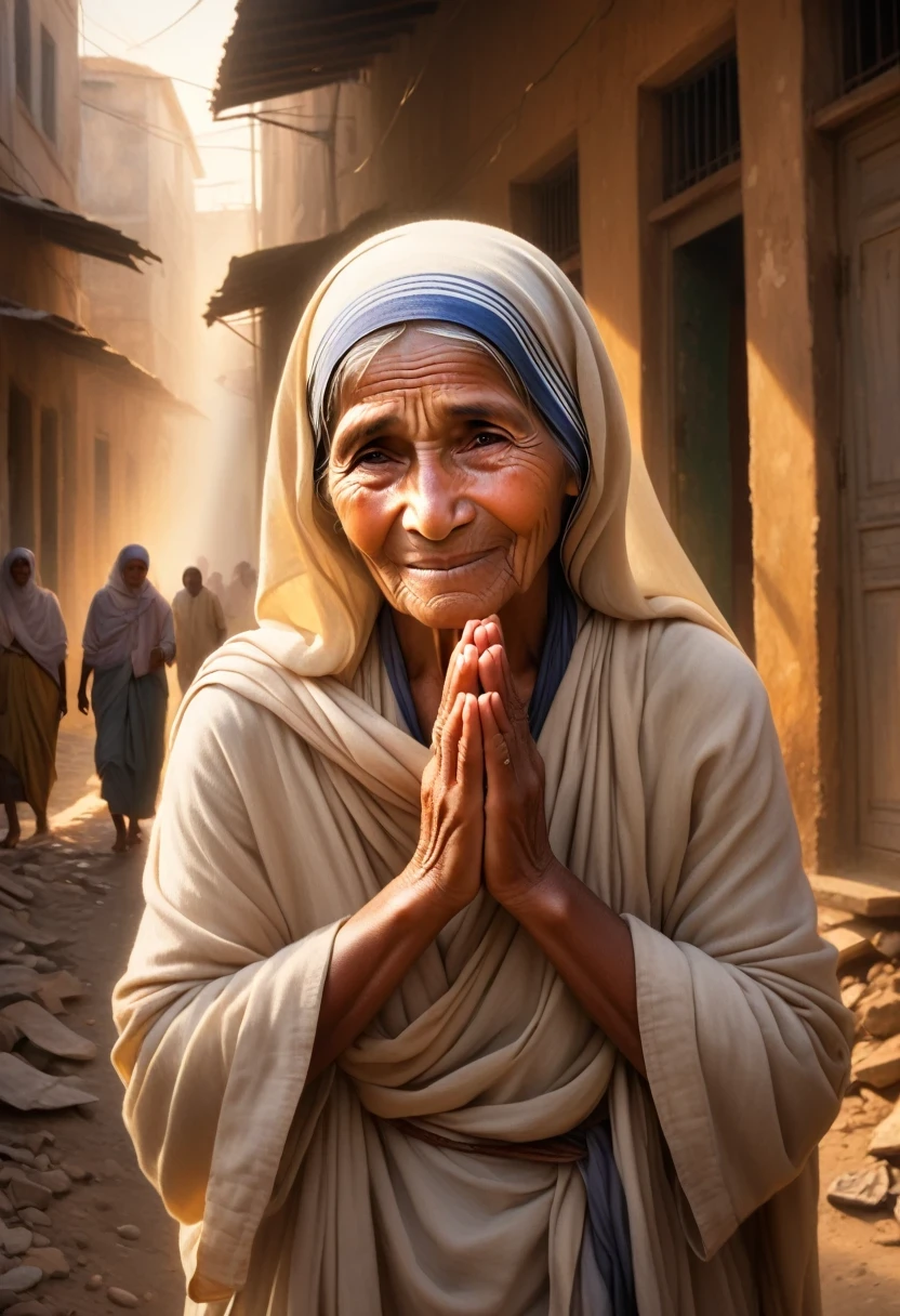 "(best quality, highres, masterpiece:1.2), portraits, Blessed Teresa of Calcutta surrounded by impoverished individuals, compassionate gaze, wrinkled hands, humble attire, warm smile, soft lighting, vibrant colors, hope, selflessness, giving love, worn-out buildings in the background, dusty streets, dusty sunbeams, uplifting atmosphere, gritty realism, emotional connection, poverty, resilience, humanity, kindness, divine intervention, candlelit room, peaceful ambiance, flickering shadows, heavenly aura, utopian vision, sense of purpose, spiritual enlightenment, sacred purpose, transcendent beauty, touching moments, soulful expressions, captured grace"