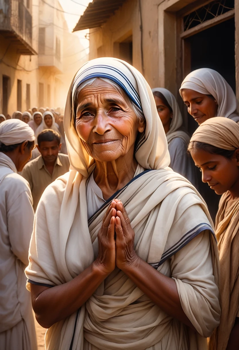 "(best quality, highres, masterpiece:1.2), portraits, Blessed Teresa of Calcutta surrounded by impoverished individuals, compassionate gaze, wrinkled hands, humble attire, warm smile, soft lighting, vibrant colors, hope, selflessness, giving love, worn-out buildings in the background, dusty streets, dusty sunbeams, uplifting atmosphere, gritty realism, emotional connection, poverty, resilience, humanity, kindness, divine intervention, candlelit room, peaceful ambiance, flickering shadows, heavenly aura, utopian vision, sense of purpose, spiritual enlightenment, sacred purpose, transcendent beauty, touching moments, soulful expressions, captured grace"