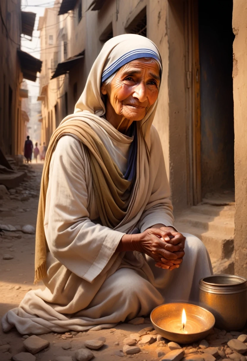 "(best quality, highres, masterpiece:1.2), portraits, Blessed Teresa of Calcutta surrounded by impoverished individuals, compassionate gaze, wrinkled hands, humble attire, warm smile, soft lighting, vibrant colors, hope, selflessness, giving love, worn-out buildings in the background, dusty streets, dusty sunbeams, uplifting atmosphere, gritty realism, emotional connection, poverty, resilience, humanity, kindness, divine intervention, candlelit room, peaceful ambiance, flickering shadows, heavenly aura, utopian vision, sense of purpose, spiritual enlightenment, sacred purpose, transcendent beauty, touching moments, soulful expressions, captured grace"