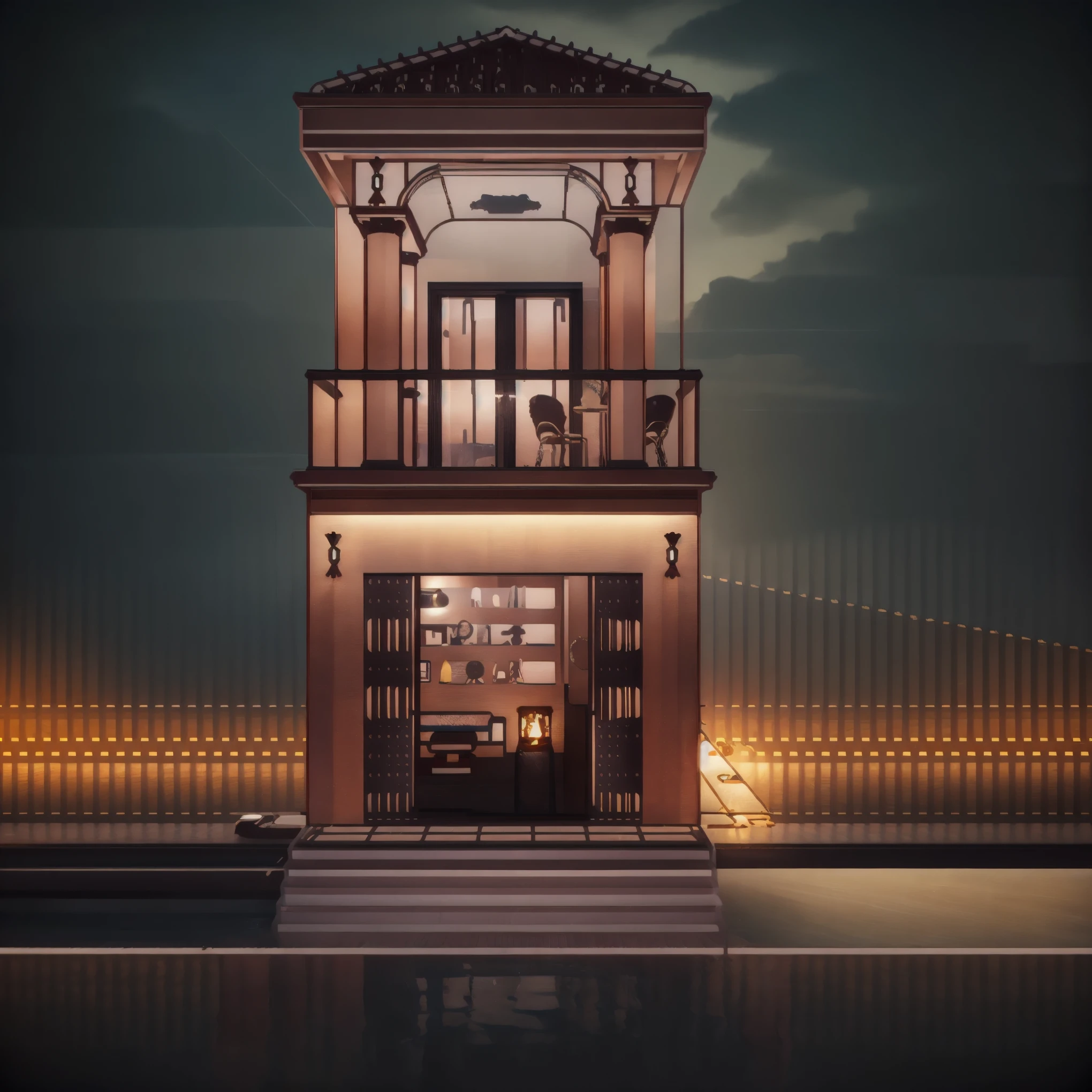 there is a tall tower with a clock on top of it, frontview, front view dramatic, front-view, front elevation view, elevation view, front perspective, establishing shot, in style of simplified realism, complete house, wide establishing shot, detailed rendering, pre-rendered, 3 d rendering, 3d rendering, neoclassical police station, toon rendering, trees background, car on road, sky morning, people, fence beside house