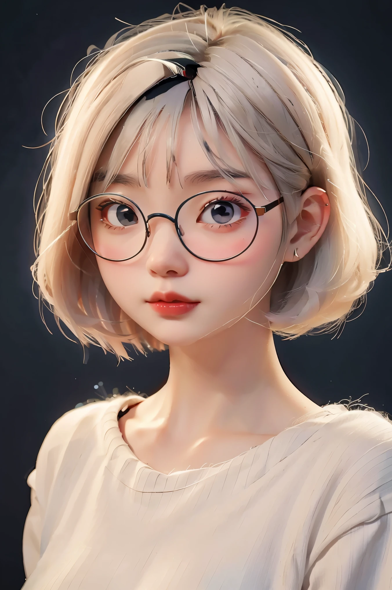 best quality, cartoon_portrait, 1girl, solo, looking at viewer, short hair, simple background, white hair, bob cut, blue eyes, closed mouth, glasses, sweater, lips, swept bangs, black background, red lips, 