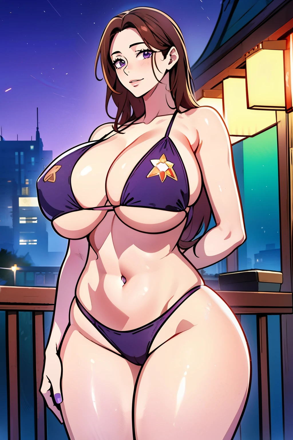 An anime-style artwork depicting ruan mei from the game Honkai star rail.

Tags: ruan mei, anime, detailed eyes, detailed lips, tight bikini, smiling expression, intense gaze, glowing emblem on hand, dynamic pose, standing on building at night, vibrant colors, digital art, high-resolution, professional quality, gigantic breasts, (underboob : 1.4), curvy, cowboy shot, (gigantic breasts: 1.4), green eyes, (light brown hair), curvy, cowboy shot, (gigantic breasts: 1.4), (violet eyes: 1.4), (copper blonde hair: 1.4), curvy ass