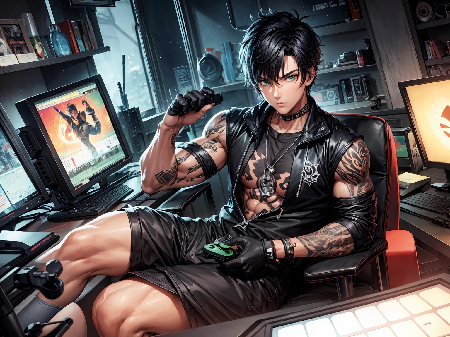 Anime Style, Gaming Room, Streaming Set-Up, Man with beautiful face, muscular physique, sitzt in einem Gaming-Stuhl, holds the gaming controller in his hand, Green eyes, schwarze wuschelige Haare, Kleidung im Stil von Tech-Wear, wears a black mouth mask, has tattoos all over her body and partly on her face.