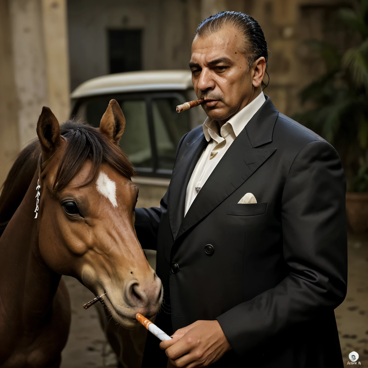 Mafioso em cima de um cavalo enquandto fuma um cigarro