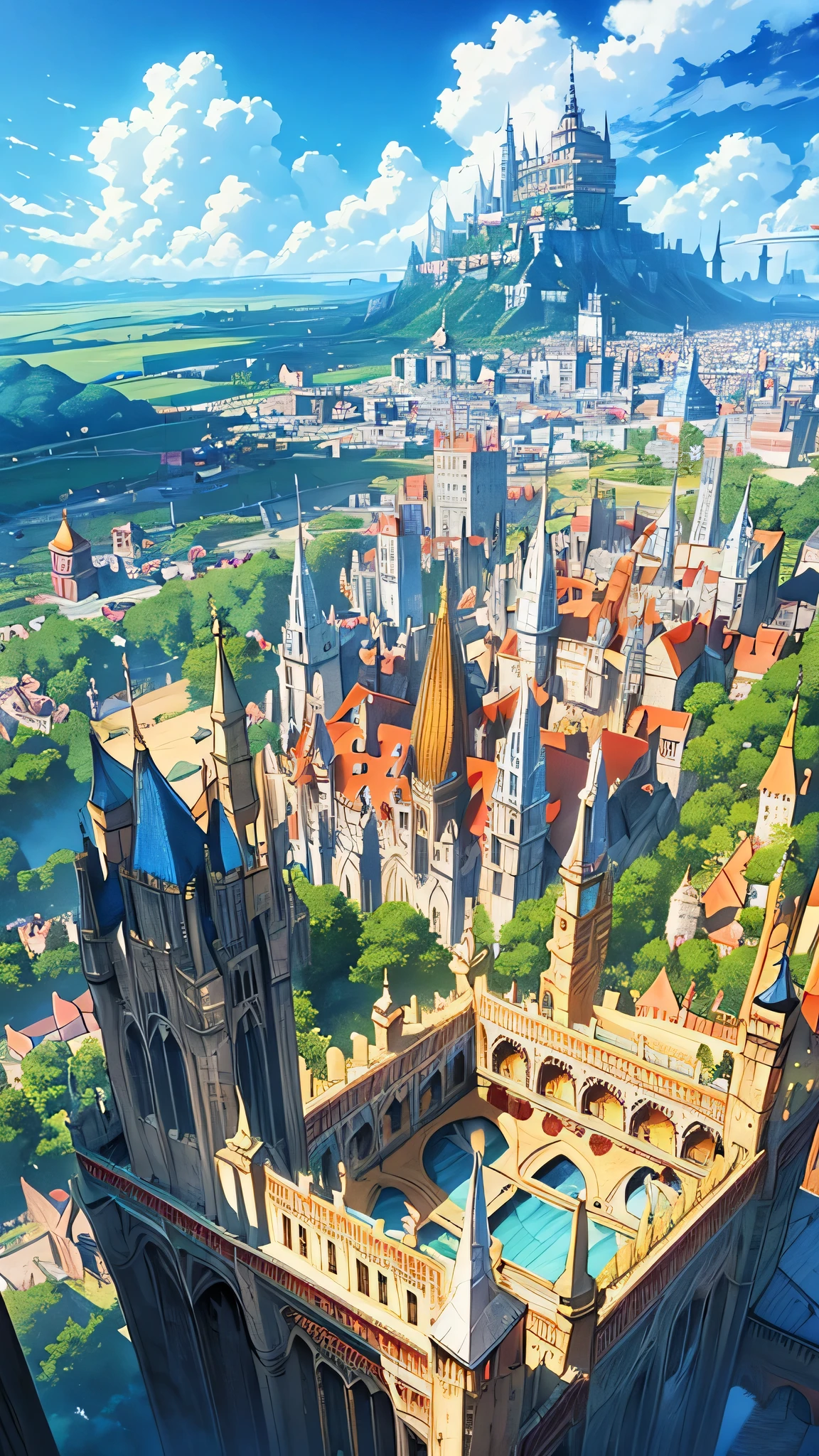 Aerial view of a sprawling medieval fantasy cityscape with majestic palaces, bustling markets, intricate buildings, and charming houses set against a backdrop of fluffy clouds and a clear blue sky. Vertical orientation, detailed illustration, high stylization. a traveler looks at the city from the top of the hill