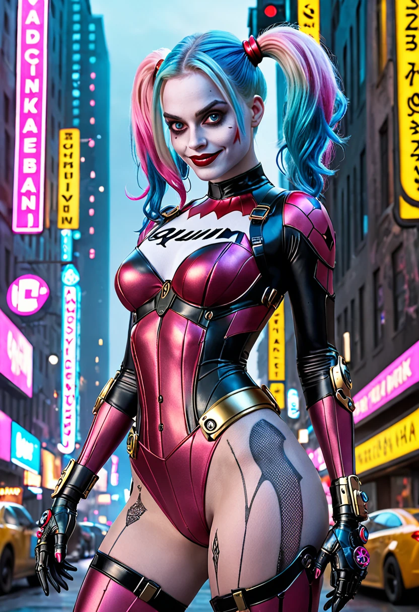 Margot Robbie as Harley Quinn,blue and pink hair biomechanics, complex robot, golden spider logo, full height, hyperrealistic, crazy little details, Incredibly clean lines, cyberpunk aesthetics, masterpiece presented on Zbrush Central, Cyberpunk city background