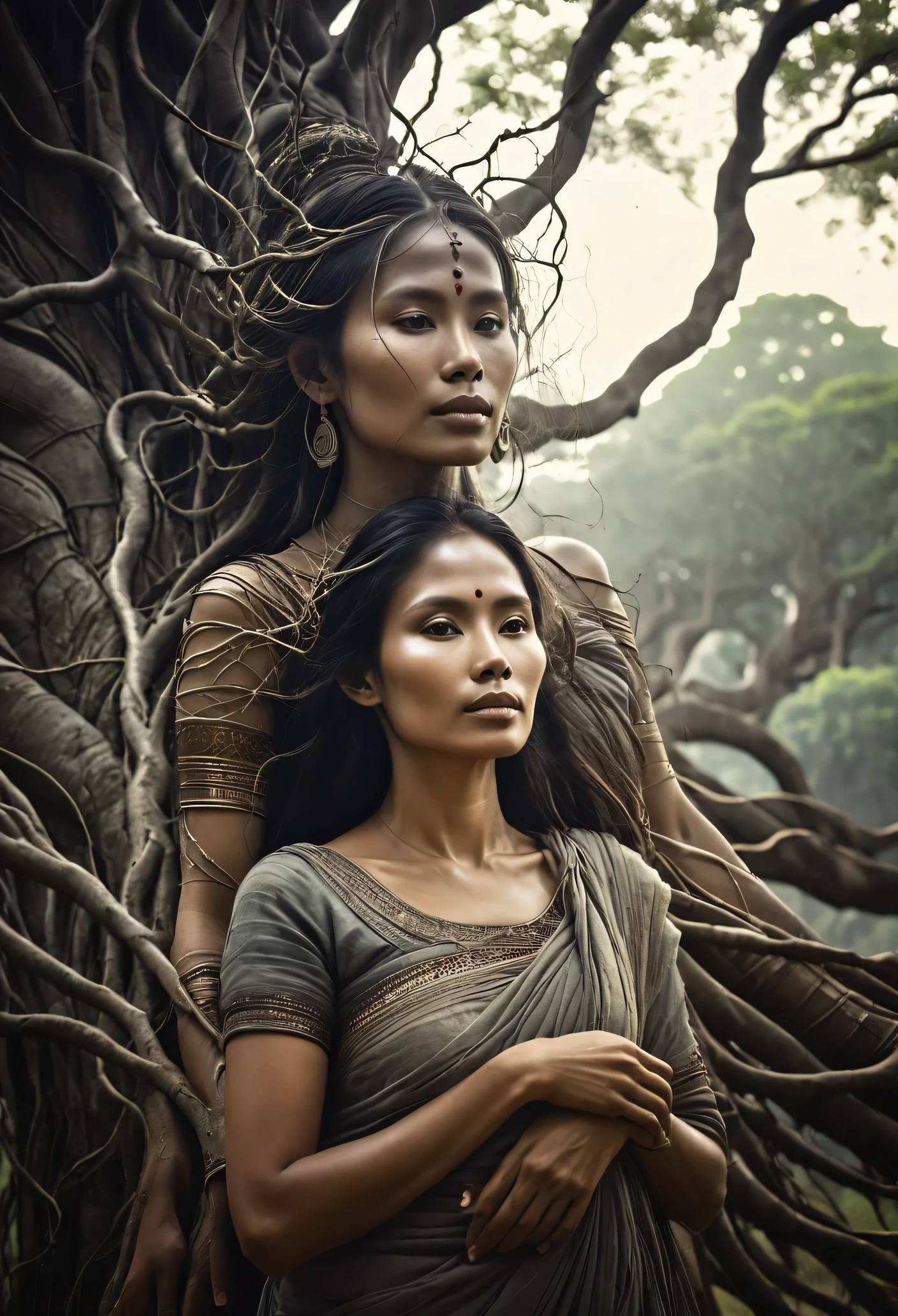 An ethereal portrait of a Woman  intertwined with the intricate branches of an ancient tree, highlighting the mystical bond, Ancient  Ankor Wat in Background --ar 3:4 --style raw --stylize 300