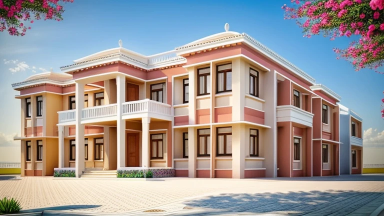 1 nsantorini style house, The town house is made from white walls, beautyful light, beautyfulday, sunny, Many red bougainvilleas along the road:1.3, lovely youthful feeling :1.2, sunlight at 12 noon, Very beautiful shadows