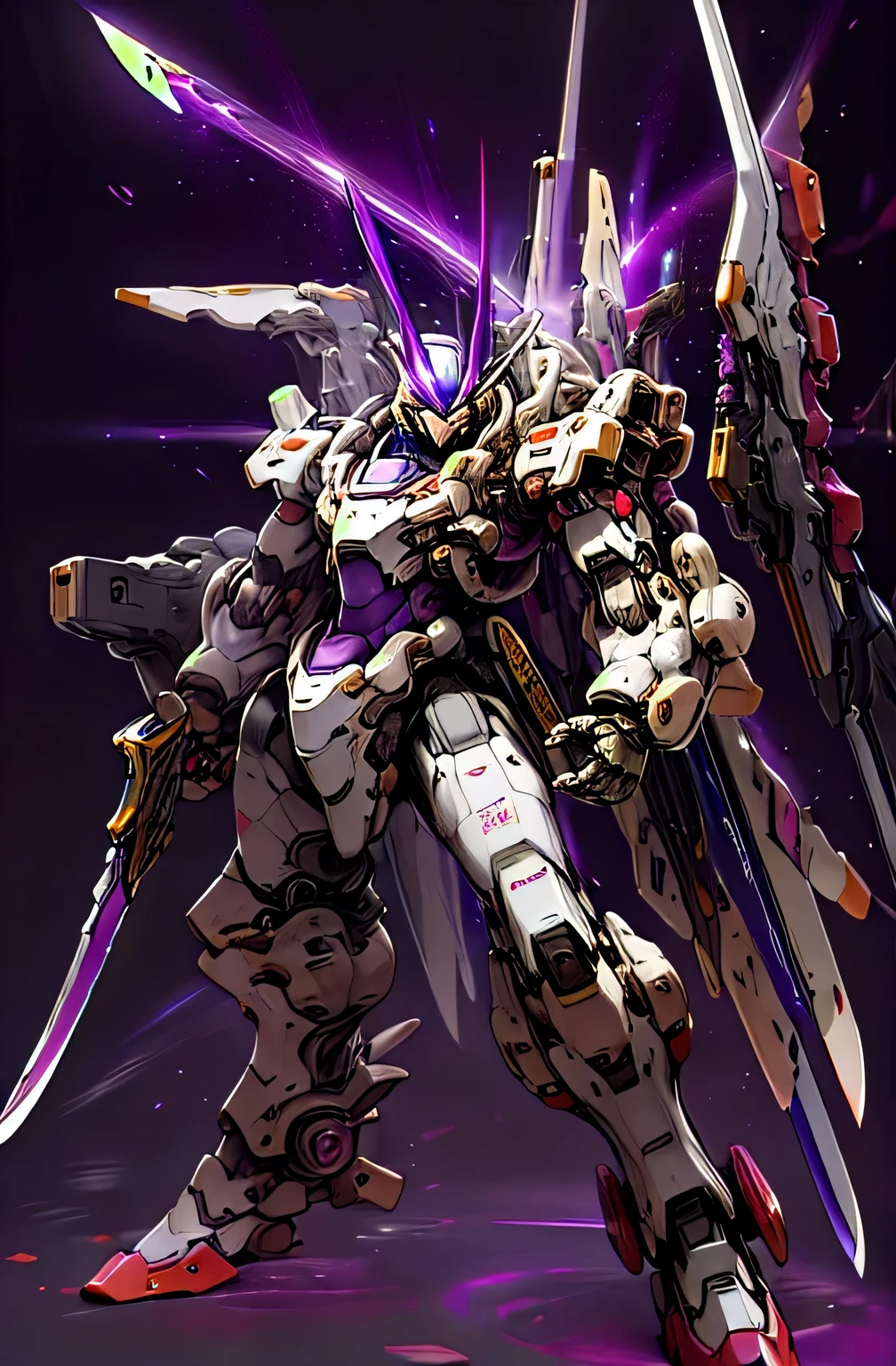 mecha astronaut with a sword and a gun, anime style, purple aura, hero pose 