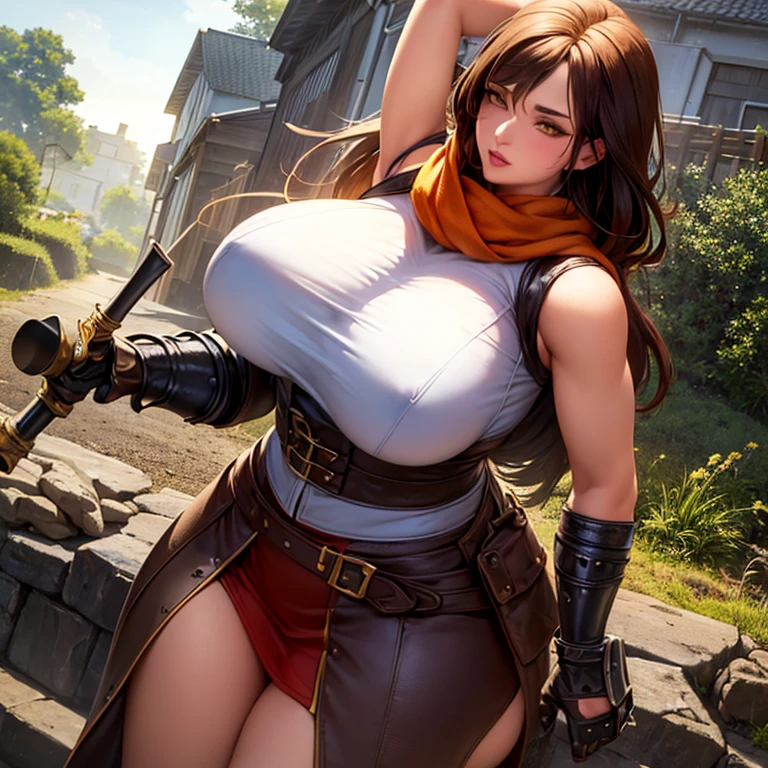 1girl, volumetric light, (bright scene:1.5), perfect lighting, village, photography, masterpiece, best quality,HDR, highres,realistic details,40K, HDR, highres,
hood, landstyleshinobi, belt, weapon, shoulder armor, scarf, torn clothes, gauntlets, orange eyes, (huge breasts:1.5), thick thighs, huge ass,