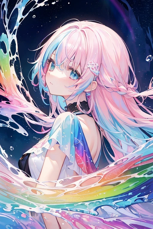 (rainbow colored hair, colorful hair, half silver、half pink hair: 1.2), ,long hair、(Cinematic digital artwork: 1.3), high quality, table top, Turquoise eyes、最high qualityの, Super detailed, figure, [4K digital art]!!、 Kyoto animation style, one woman, clavicleの美しさ, clavicle, light, want, , positive, Dead leaves dance、（Ocean、sandy beach）、full moon、On a tree-lined street、taking a walk、((green、trendy clothes))、（（white、chest is visible、see-through one-piece swimsuit、Polka dot unset, motivation, shine, dynamic perspective、Blue glasses、green色リボン、twin tails、embarrassed face、cute face、happy face