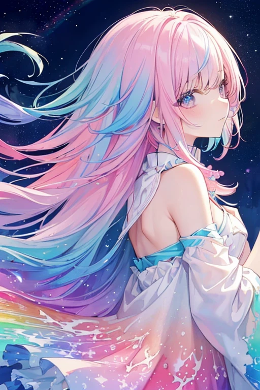 (masterpiece, top quality, best quality,watercolor (medium),official art, beautiful and aesthetic:1.2),(1girl:1.3), (fractal art:1.3),upper body, from side, looking at viewer,patterns,(rainbow color Hair,colorful hair,half blue and half pink hair:1.2),water,liquid, cloud,colorful, starry,stars,