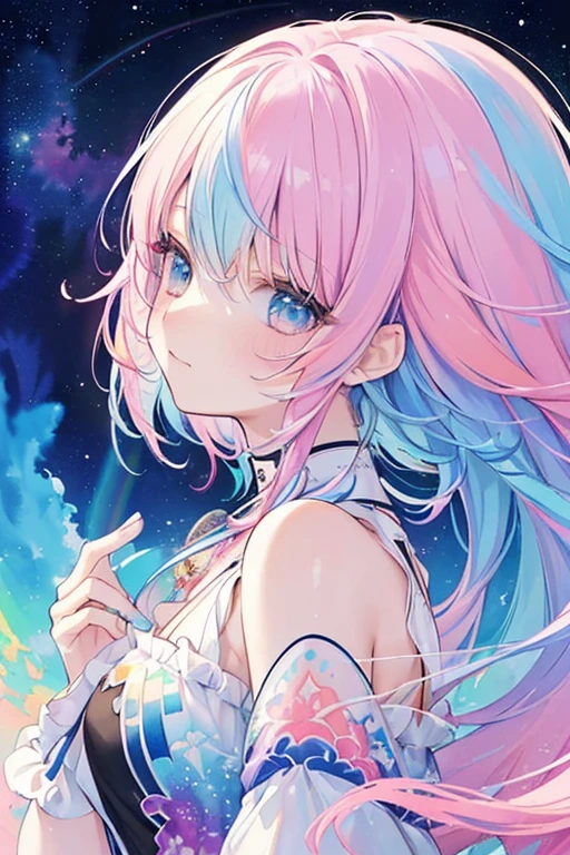 (masterpiece, top quality, best quality,watercolor (medium),official art, beautiful and aesthetic:1.2),(1girl:1.3), (fractal art:1.3),upper body, from side, looking at viewer,patterns,(rainbow color Hair,colorful hair,half blue and half pink hair:1.2),water,liquid, cloud,colorful, starry,stars,