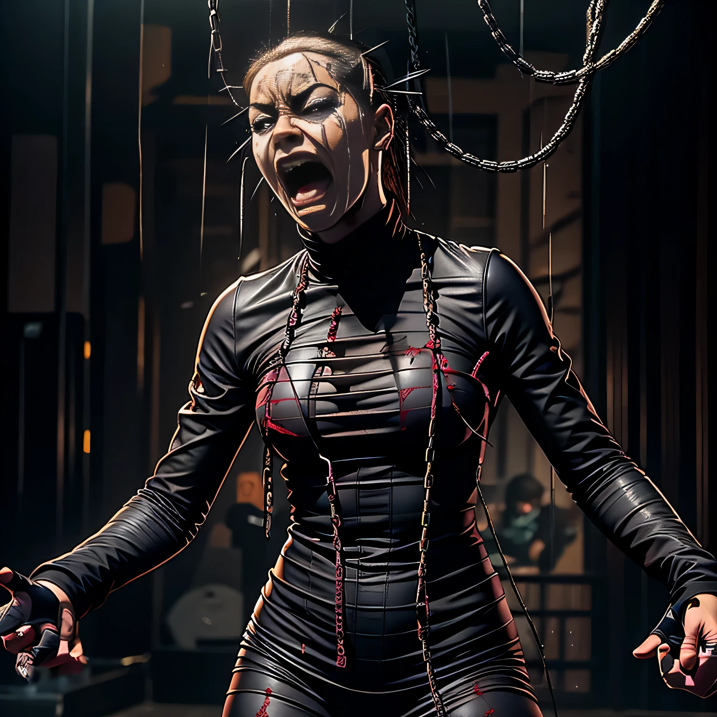 Female Pinhead from Hellraiser, perfect body, full body shot, skin-tight  , chains, black leather,  look, small , flat , ((screaming)), ((mouth wide opened)), eyes closed, slim, thin waist, thin thighs, thin arms, lots of bloody piercing, scorched skin, blood, bruised, inferno, hell, extrem pain