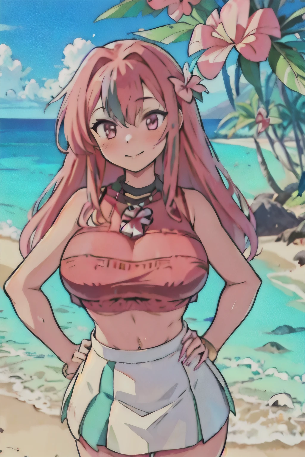 (((Hawaiian Womem))) White skin, adult, 1 girl, tall woman, bremerton(azur_lane), pink hair, face with perfect details, perfect hands, perfect fingers, standing, hand on hip, 2D, wearing a red floral dress and vibrant orange, adorned with shells and feathers, standing, Maori Mythology, Hawaii, Hawaiian clothing, perfect athletic body, maori clothes, big breasts, shirt separated from skirt, haiwaan shirt, haiwaan skirt
