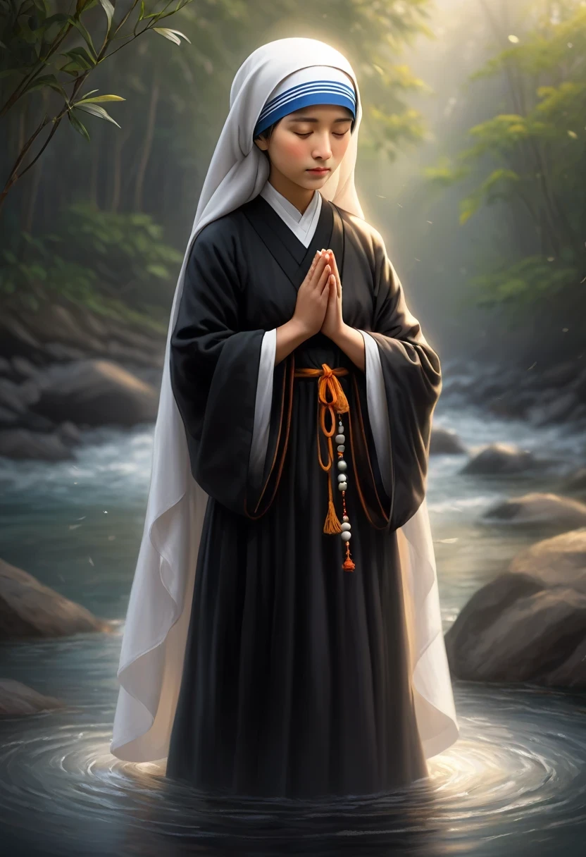 Blessed Teresa of Calcutta,Mother Teresa,Like a guardian of time,Standing quietly in the long river of time。Her face was engraved with traces of time,Every wrinkle seems to tell her story,But those deep eyes reveal incomparable tranquility and peace。She wears a black robe,It was a symbol of her faith.,It is also her identity symbol.。The texture of the robe looks simple,Yet still dignified,It seems to contain endless wisdom and power。A white headscarf gently wrapped her hair,The contrast with the black robe is sharp.,She looks pure and holy.。Her hands folded,Place on chest,Appears to be praying or meditating silently。Those hands,Although it is full of traces of time,But still looks slender and powerful。She gently moved the beads in her hand.,Make a slight noise,Like the whisper of time,It's like God's guidance。She is thin,But it reveals a kind of tenacious temperament。Her back looks particularly in the blurred background,But full of power。her existence,It's like a beacon,Guiding people in the dark。This nun,Although her image is simple,But it is full of deep meaning。She is not only a devout believer,A soul mentor,With her wisdom and faith,Bringing peace and hope to people。