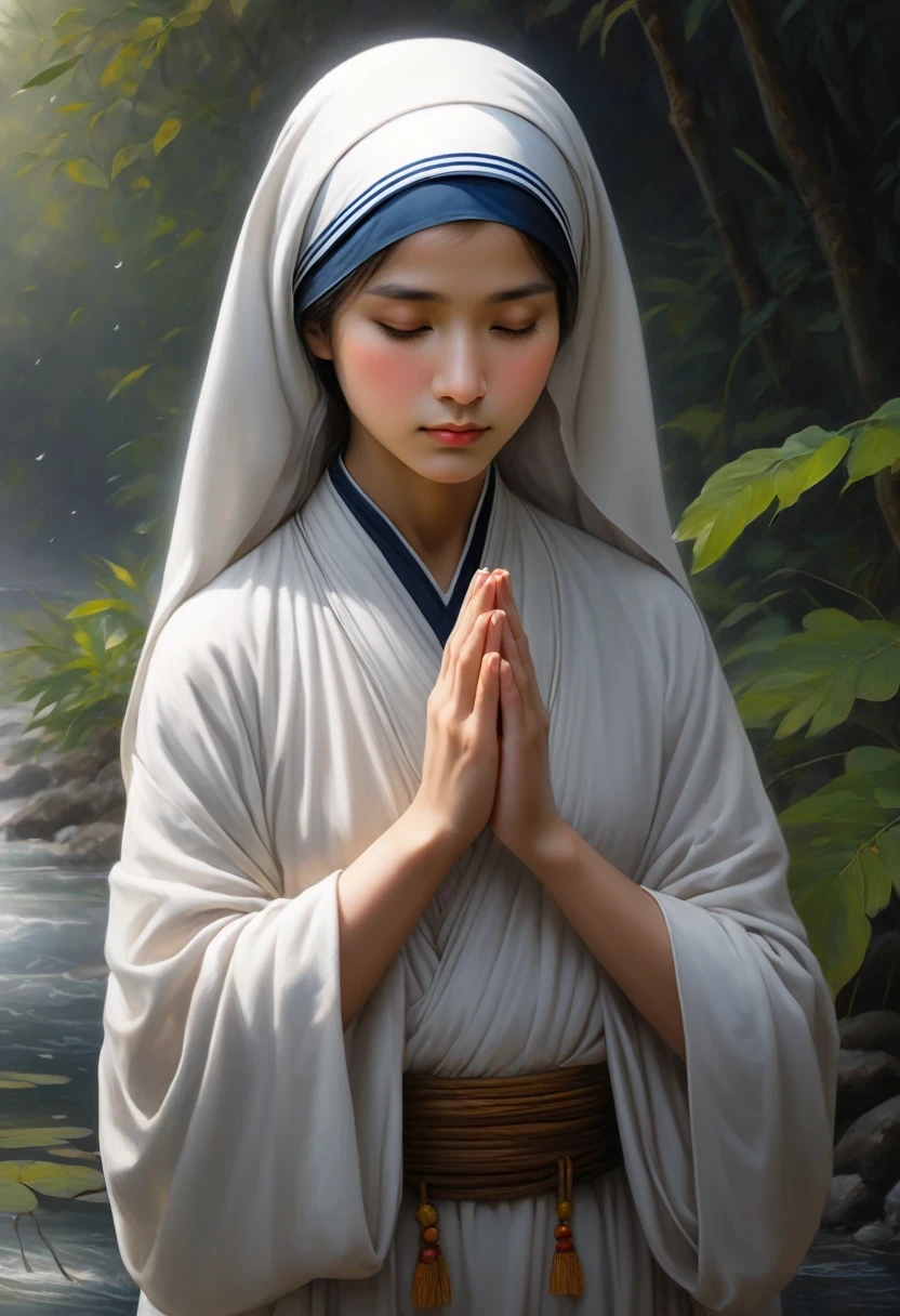 Blessed Teresa of Calcutta，Mother Teresa，Like a guardian of time，Standing quietly in the long river of time。Her face was engraved with traces of time，Every wrinkle seems to tell her story，But those deep eyes reveal incomparable tranquility and peace。She wears a black robe，It was a symbol of her faith.，It is also her identity symbol.。The texture of the robe looks simple，Yet still dignified，It seems to contain endless wisdom and power。A white headscarf gently wrapped her hair，The contrast with the black robe is sharp.，She looks pure and holy.。Her hands folded，Place on chest，Appears to be praying or meditating silently。Those hands，Although it is full of traces of time，But still looks slender and powerful。She gently moved the beads in her hand.，Make a slight noise，Like the whisper of time，It&#39;s like God&#39;s guidance。She is thin，But it reveals a kind of tenacious temperament。Her back looks particularly  in the blurred background，But full of power。her existence，It's like a beacon，Guiding people in the dark。This nun，Although her image is simple，But it is full of deep meaning。She is not only a devout believer，A soul mentor，With her wisdom and faith，Bringing peace and hope to people。