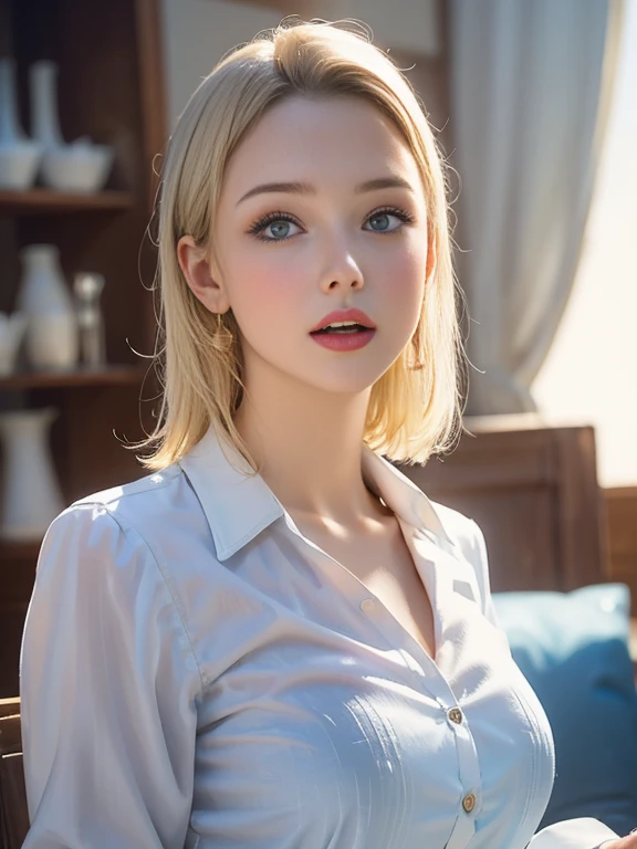 (best quality, 8k, highres, photorealistic:2.0), (solo, one girl:2.0),(photo taken using flash:1.9),(brighten up women:1.8),(ultimate beautiful girl:2.0),(shiny skin),(oily skin),(blonde hair:1.7),(short hairstyle:1.5),(cool beauty:2.0),Blush brown makeup , dark eye makeup , use pink glossy lipstick,(big beady eyes girl:1.5),(droopy-eyes girl:1.5),(blue eyes:1.5),(thin girl:1.5),(baby face girl:1.5),(sex appeal:1.3),(sweet smelling girl),(she works for low wages:1.5),(kind-hearted woman:1.5),(she has a nice smile),(woman with a happy look:1.3),(she is very sociable),(from a very poor family:1.5),(virgin girl),(She is a secret pervert.),(she covertly lewd),(she looks so erotic),(Preserve virginity for devout Christians),chuuChloe,(woman with very soft breasts),(woman fantasizing about sex),(allurement),(impressive eyes:1.5),(clean girl),(affability),(cute smile),(good personality),(puff out chest),(serious personality),(wants sex),(want to masturbate),(want to have sex forcibly),(insists on the chest),(nipples hard erect inside clothes),(relaxing time),(hair ornaments),(sunflower),(Private room),(compassion),(impurity),(love filled),(Changing clothes),(get horny),(office lady clothes:1.5)