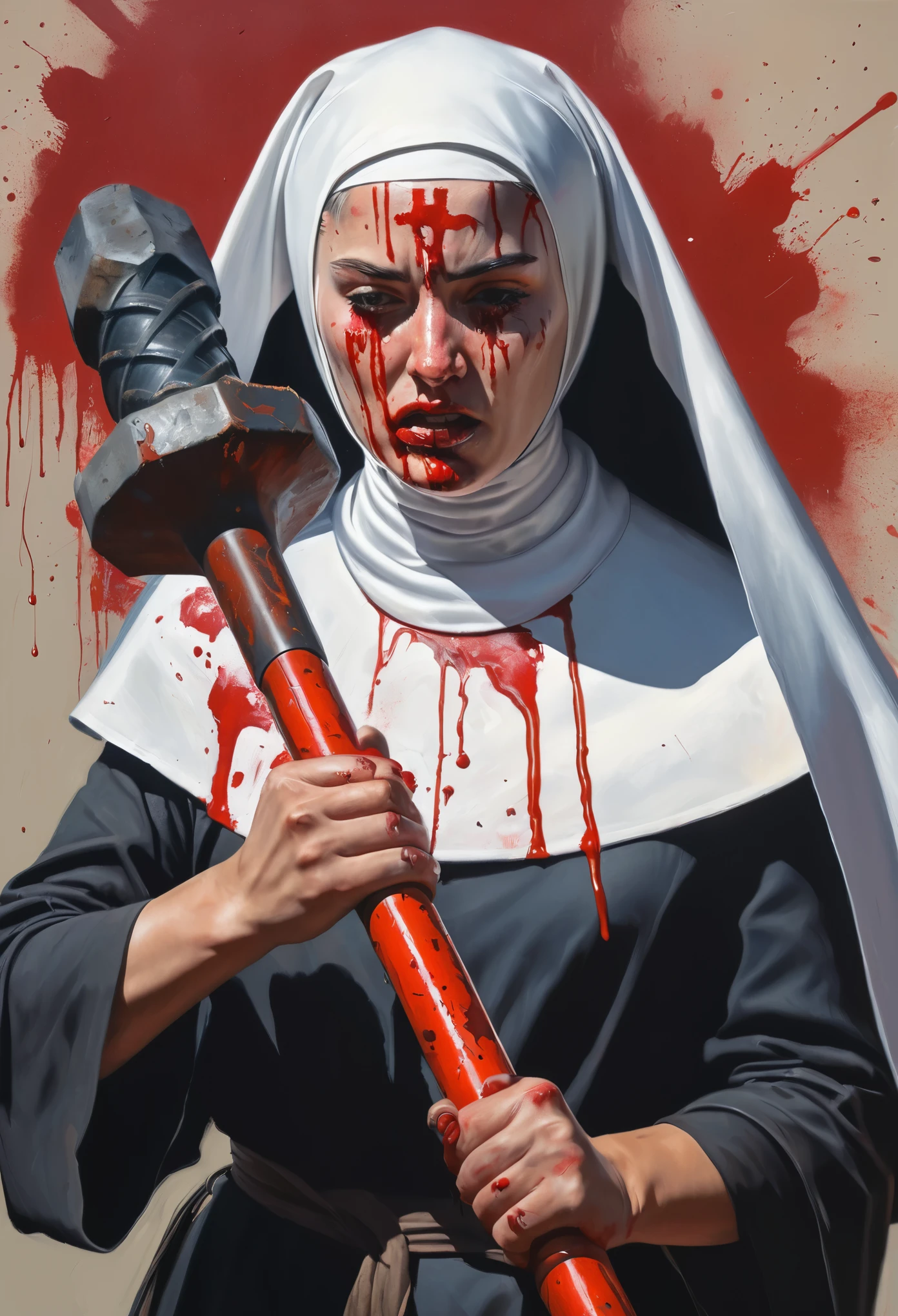 painting of a warrior nun with bloodied sledgehammer, perfect illustration, semi-realism, dynamic pose, ample headroom