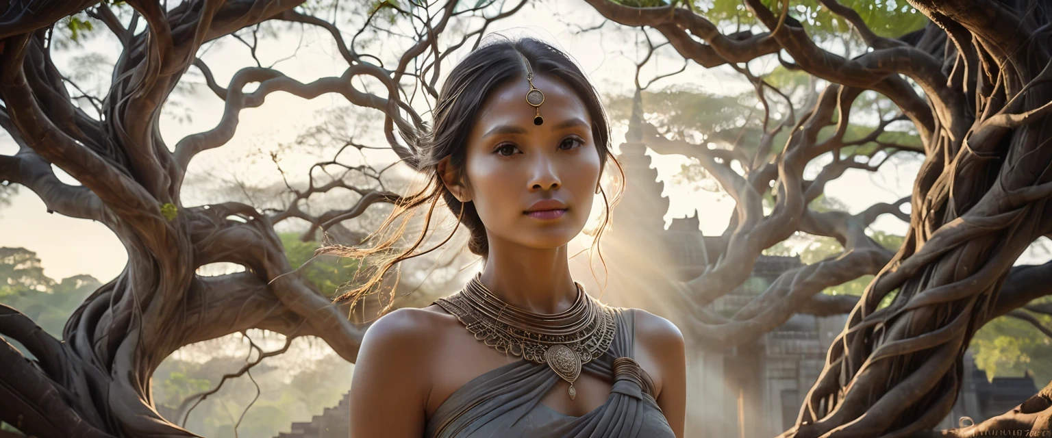 An ethereal portrait of a Woman intertwined with the intricate branches of an ancient tree, highlighting the mystical bond, Ancient Ankor Wat in Background --ar 3:4 --style raw --stylize 300