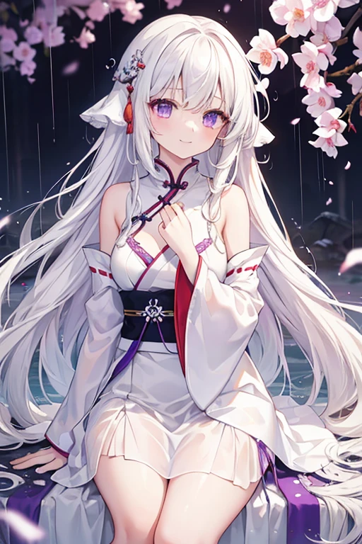 Masterpiece, best quality, 1girl, rain, messy hair, incredibly long hair, smile, shyness, white hair, purple eyes, delicate jewelry, white short skirt, hanfu, Chinese style, white slip dress
