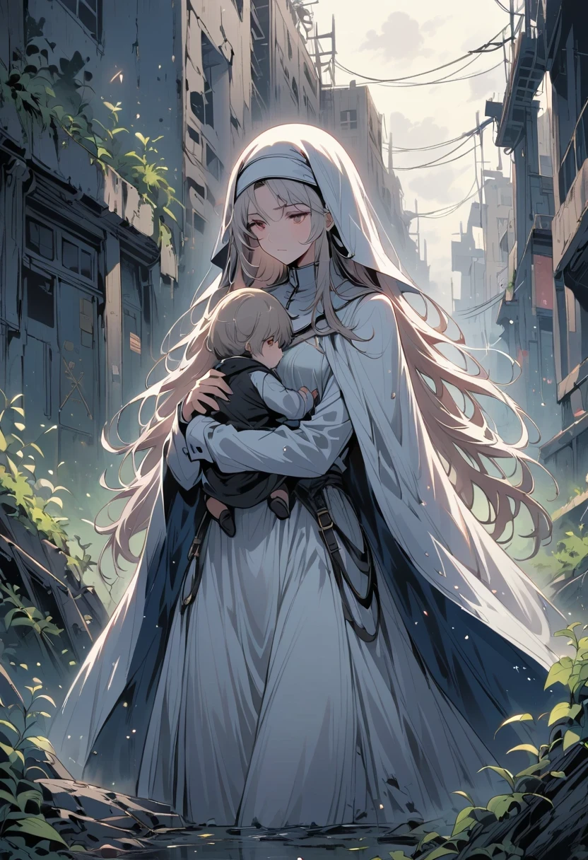 A nun, Holding a child, Standing on a nuclear wasteland. The once prosperous city is now in ruins, Ruined buildings and abandoned vehicles litter the desolate landscape. Nature has begun to take back territory, Plants growing in concrete cracks,Vines entwine around rotting buildings. The atmosphere is weird, There's a feeling of loneliness and despair in the air. The scene is bathed in a dark and moody light, Emphasizes the post-apocalyptic setting. The nun looked sad.,Her expression reflects her loneliness and the weight of the world she carries on her shoulders. In this ruthless world,The child she held gave her some comfort. The colors become softer, A desaturated and faded color palette, This further enhances the desolate atmosphere of the scene.