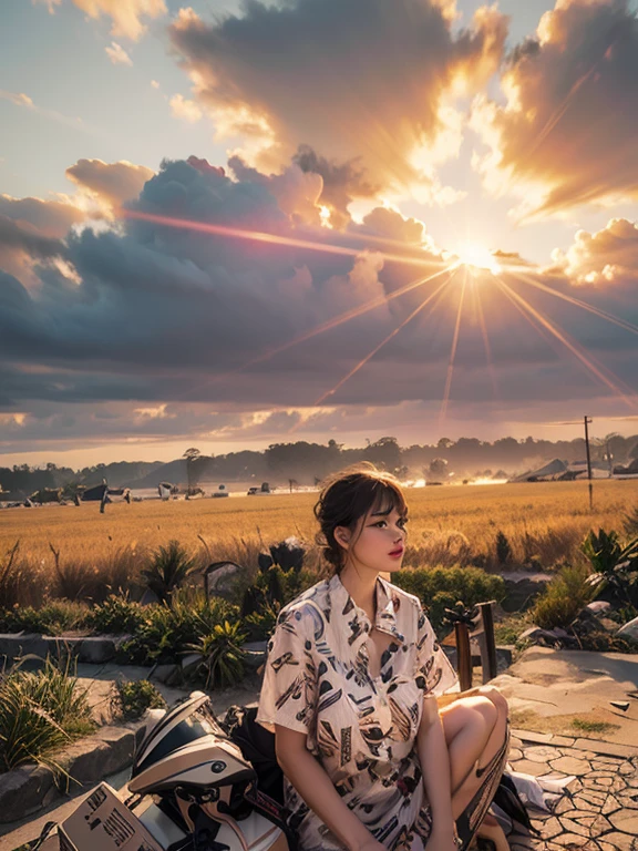 masterpiece, best quality, eyeliner, eyeshadow, looking at viewer, curvy, (full body shot) of (dollienobodysd15:0.8) wearing (party clothing:1.2), 1girl, solo, long hair, soft breasts, smirk, sleeveless, bangs, blush, clothing cutout, long hair, shiny skin, outdoors seat in the square, cloudy sky, upper body, ultra-detailed, illustration, 