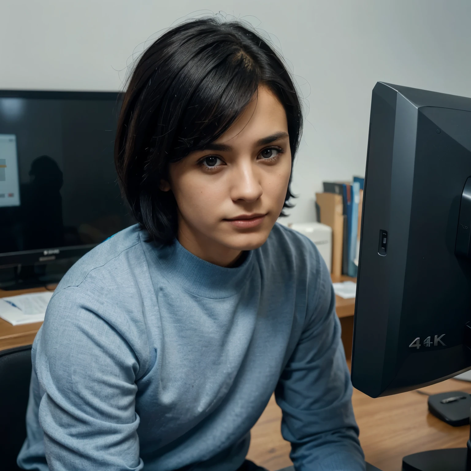 (a detailed portrait of a) man 30 years old, with short black hair, (detailed) face, sitting in front of a computer in his corporate office, (blue-collar worker:1.1), (manager:1.1) of IT, wearing a light blue shirt with a dark blue sweater. (seen from the front), (best quality,4k,8k,highres,masterpiece:1.2), (ultra-detailed), Brown  without defects. black hair, eyes wothout defects. IT switch in the desk
