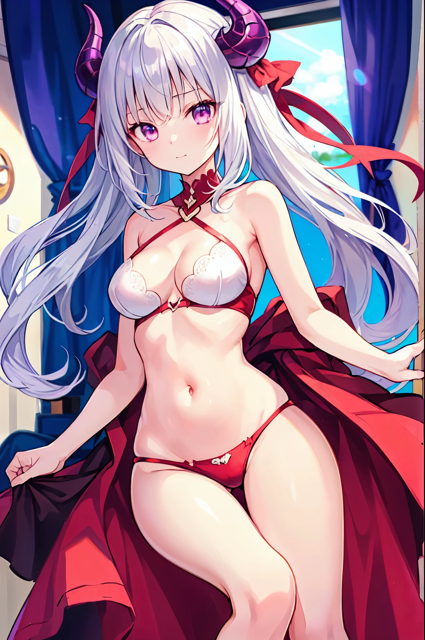 (highest quality)、((Super detailed))、(super delicate)、Sexy cute little devil、 girl、silver hair、beautiful breasts、beautiful thighs、Gorgeous、fantastic light