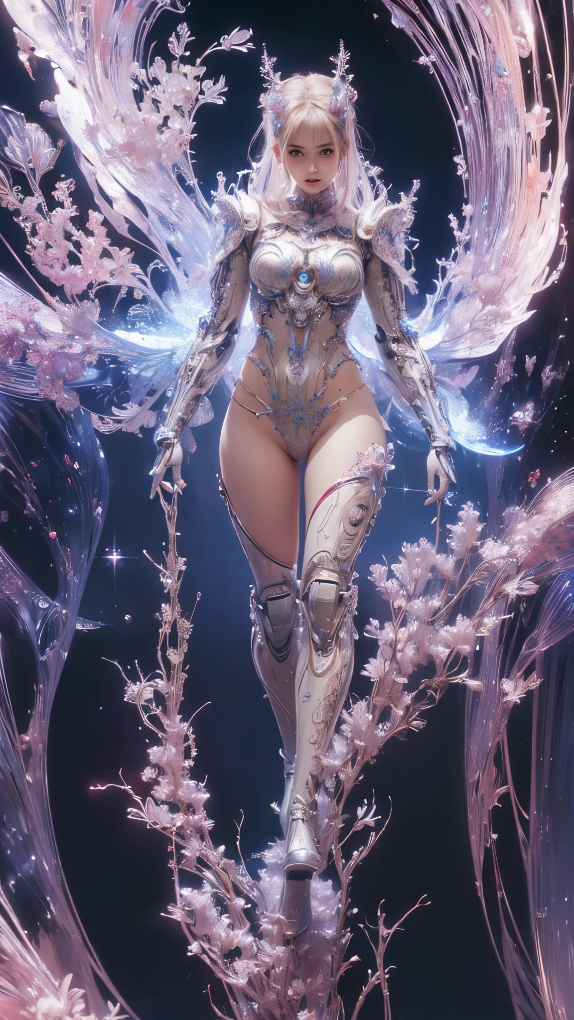 (masterpiece, top quality, best quality, official art, beautiful and aesthetic:1.2), (1girl), (fractal art:1.2),absurdres, highres, ultra detailed, Ultra-precise depiction, solo, (zentangle:1.2), floating hair, shiny skin, (abstract:1.2), pantyhose,looking at viewer, cyberpunk robot, complex robot, halo,