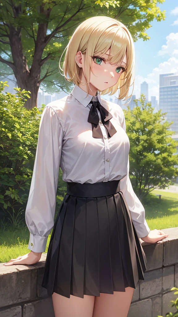 green eyes, 28 year old women, small breasts,white blouse,black pleated skirt,(cowboy shot:1.3),blonde hair,short hair,expressionless,looking away,UHD, best quality,sunlight city