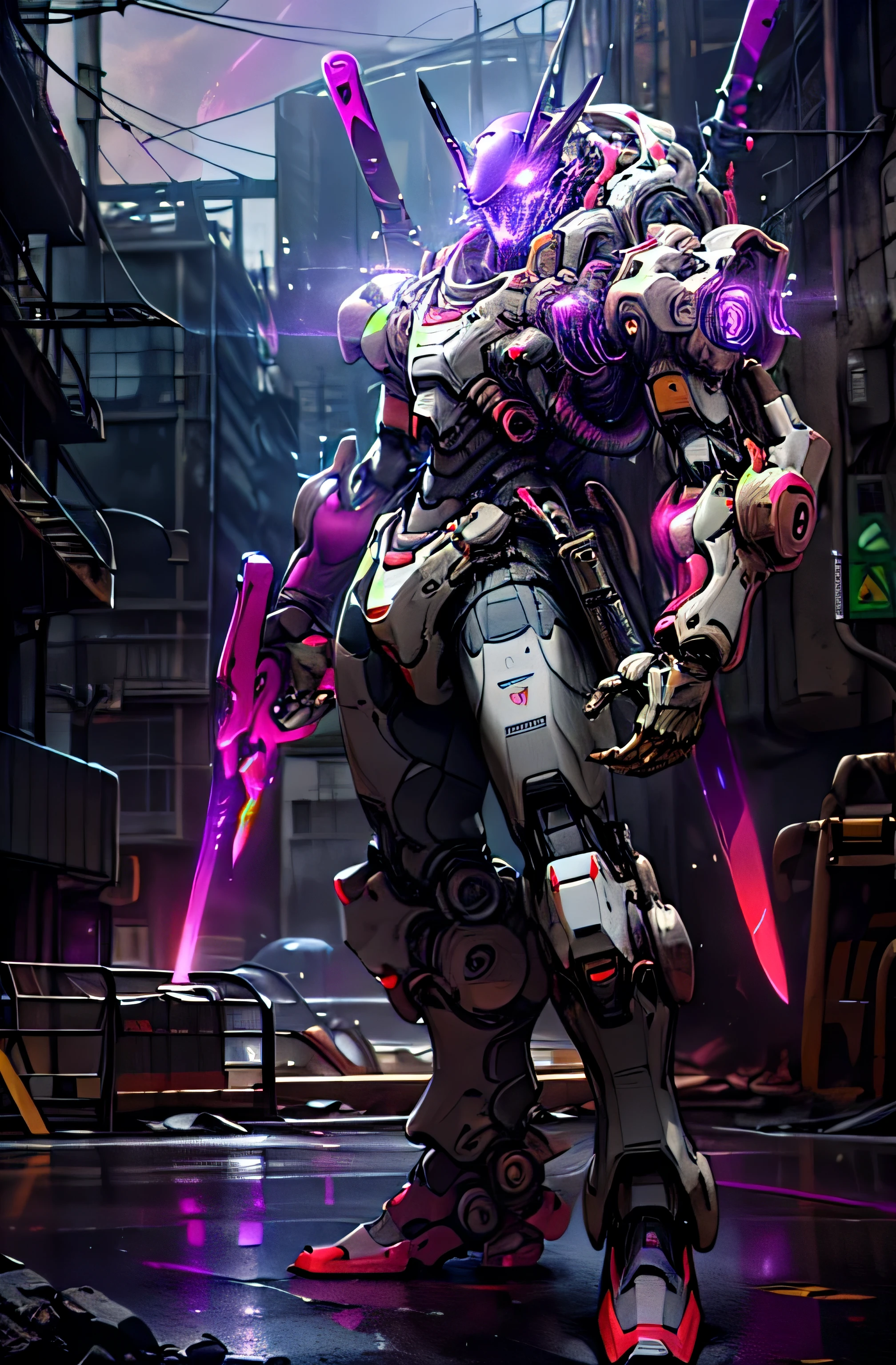 On the moon, barren planet, ruins, holding weapons, no humans, glowing, robot, building, glowing eyes, orange mech, science fiction, city, reality, mecha, galaxy background, full body, neon, cyber Punk, 8K wallpapers, ultra-detailed artwork, purple aura